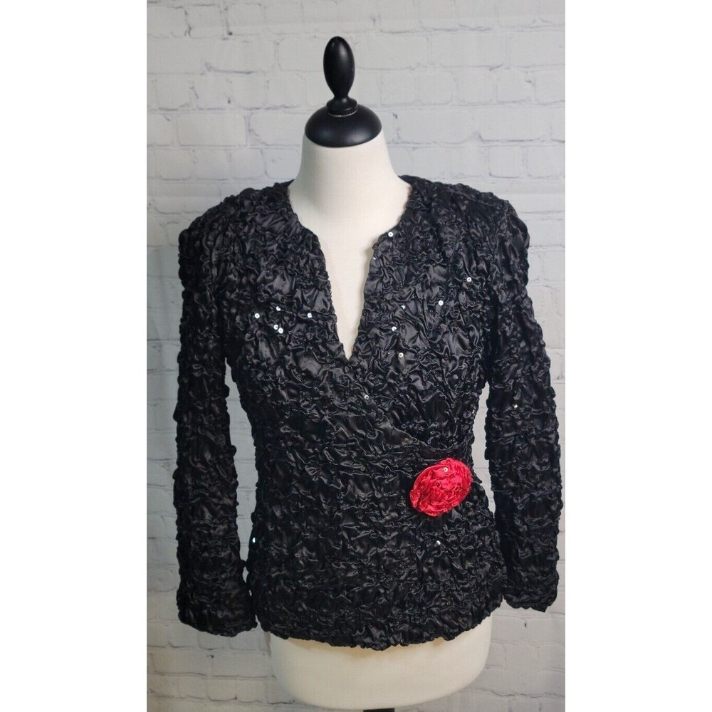 Jackie Jon New York Embellished Black Blouse with Red Rose Zip Up Back size Med